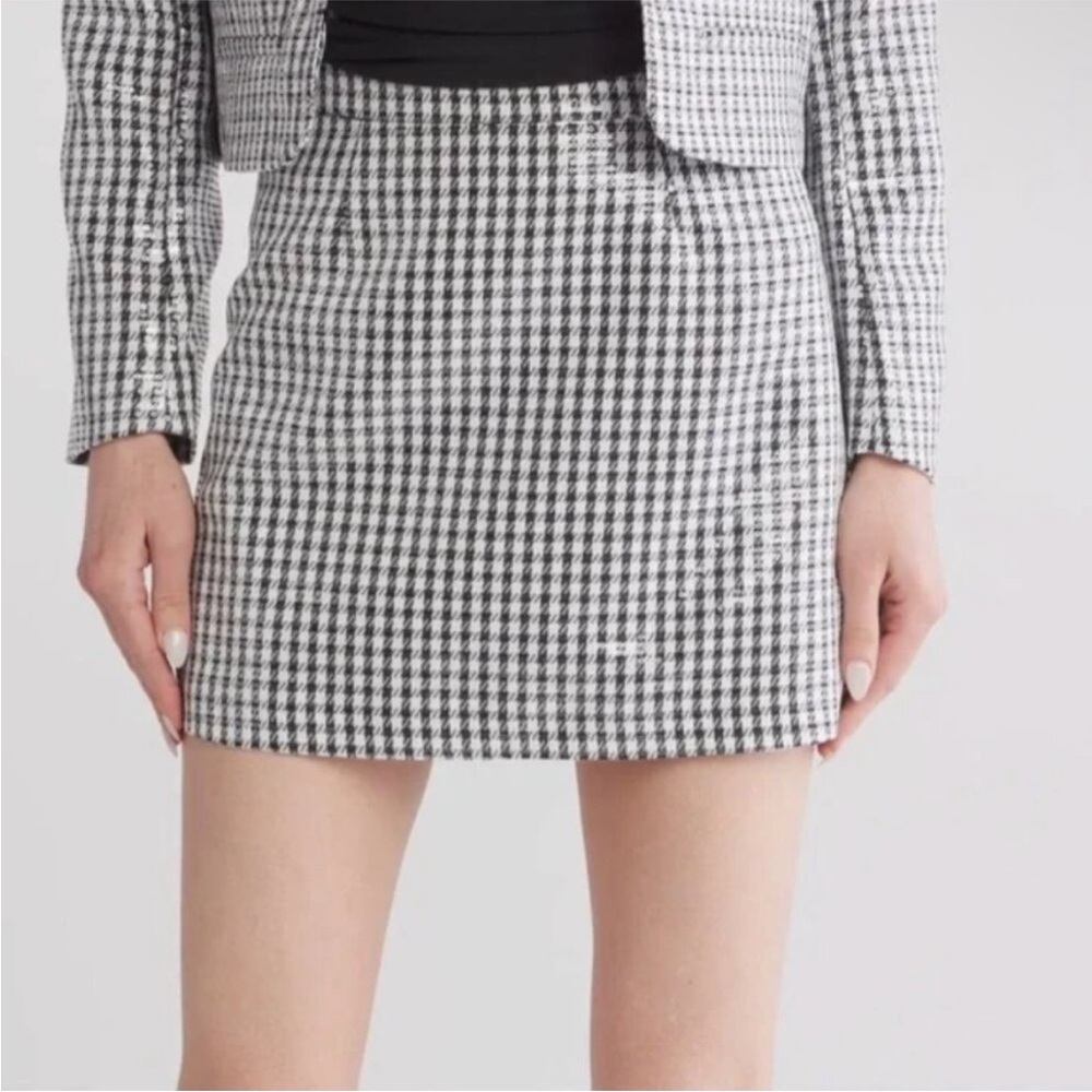 WAYF Sequin Houndstooth Gingham Black White Embellished Mini Skirt NEW large